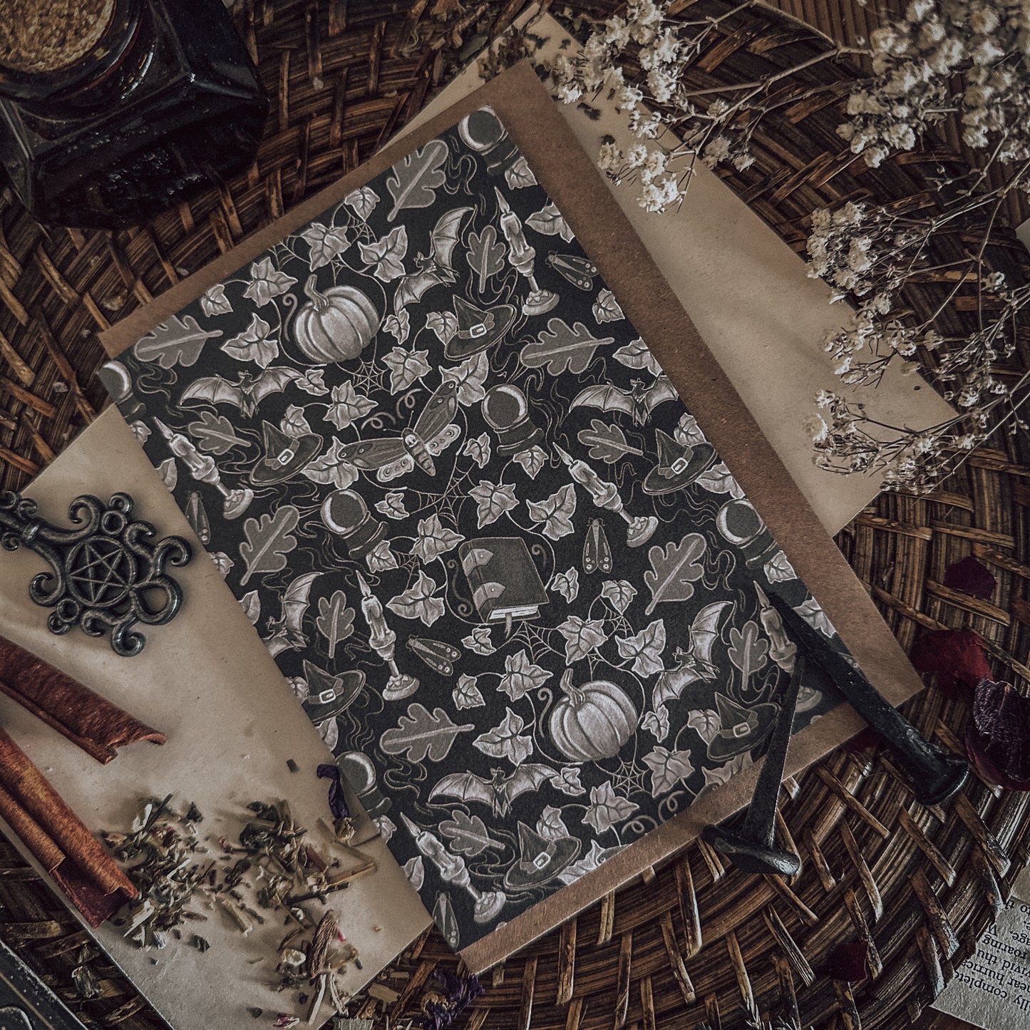 Monochrome Witchy Wallpaper (Samhain Inspired) - Blank Greeting/Note Card